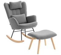 HOMCOM Sillón Mecedora con Reposapiés, Cubierta de Fleece Suave, Patas de Madera, Cojín, Respaldo Alto, Sillón de Balanceo, Gris oscuro