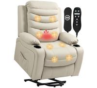 HOMCOM Sillón Relax Reclinable Eléctrico Levanta Personas, con Masaje Vibratorio y Calor, Sillón Elevador, con Puerto USB, Control Remoto, Reposapiés, Tapizado en PU, Bolsillos, Portavasos, Crema