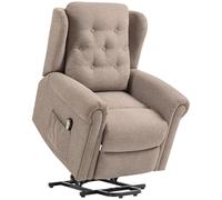 HOMCOM Sillón Relax Reclinable Eléctrico Levanta Personas Sillón Elevador con Respaldo Alto Capitoné Control Remoto Tapizado en Lino y Bolsillos Laterales Marrón Claro