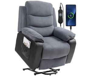 HOMCOM Sillón Relax Reclinable Eléctrico Levanta Personas USB Gris Oscuro | Sillón Elevador, Asiento Ancho 60 cm, Control Remoto, Reposapiés, Tapizado en Pana y Cuero