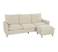 HOMCOM Sofá 3 plazas con puf de almacenamiento, sofá esquinero modular 210 cm moderno, asiento ancho acolchado, cojines de muelles, tela de aspecto lino, patas de madera de caucho, para salón