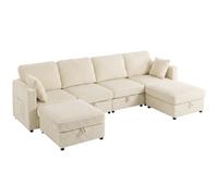 HOMCOM Sofá 4 Plazas con 2 Pufs de Almacenaje, Sofá Esquinero Modular en U 306 cm en Terciopelo Acanalado, 4 Cojines, Crema