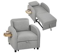 HOMCOM Sofá Cama 1 Plaza Convertible 3 en 1 con Mesa Lateral Plegable Gris | Sillón Cama con Respaldo Ajustable, Almohada con Funda Lavable, Bolsillo Lateral, para Salón, Dormitorio