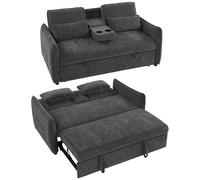 HOMCOM Sofá Cama 2 Plazas 3 en 1, Sofá Cama de Chenilla con Mesa Auxiliar, Portavasos, Respaldo Ajustable, Bolsillos Laterales, 2 Almohadas para Sala de Estar, Espacios Pequeños, Gris Oscuro