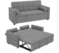 HOMCOM Sofá cama 3 en 1 para 2 personas, sofá cama acolchado, cama nido doble, respaldo ajustable, 2 cojines y bolsillos para reposabrazos, tela de imitación de lino, para dormitorio, color gris