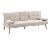 HOMCOM Sofá Cama 3 Plazas, Mesa Abatible con 2 Soportes para Vasos, 181x77x78 cm, Sofá Cama con Respaldo Ajustable, Apertura Clik-Clak, Reposabrazos Desmontables, Patas de Madera, Beige