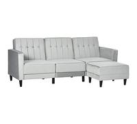 HOMCOM Sofá Cama con Chaise Longue de 3 Plazas Convertible con Reposapiés Movible Reposabrazos Respaldo Regulable y Patas de Madera Tacto Aterciopelado 218x85x86 cm Gris Claro