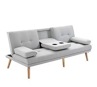 HOMCOM Sofá Cama de 3 plazas de diseño escandinavo con inclinación del Respaldo Regulable, 3 Niveles, Respaldo Central abatible 2 portavasos, Madera Maciza, Lino Gris Claro