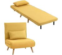 HOMCOM Sofá Cama Individual Plegable 3 en 1, Sofá Cama, Tapizado en Lino, con Respaldo Ajustable 5 Posiciones, 1 Almohada, para Dormitorio, Salón, Amarillo