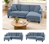 HOMCOM Sofá Chaise Lounge Reversible de Chenilla 230 cm Azul Oscuro | Sofá de Salón, Cheslong, en Forma de L, con 2 Almohadas, Carga 200 kg