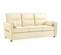 HOMCOM Sofá de 3 Plazas, Sofá de Salón Moderno, 190x83x90 cm, Tapizado en Cuero Sintético, Acolchado Grueso, Asiento Ancho, Reposabrazos y Bolsillo Lateral, Montaje Rápido, 2 Almohadas, Beige