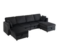 HOMCOM Sofá esquinero 4 plazas en forma de U con otomana con almacenamiento, chaiselongue 306 cm con efecto pana, 4 cojines, para salón