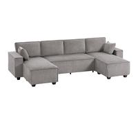 HOMCOM Sofá esquinero con doble chaise longue, sofá en U de pana con asiento amplio y profundo, cojines con muelles, gris claro