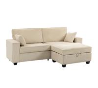 HOMCOM Sofá esquinero con otomana de almacenamiento, pana, sofá 3 plazas en L con acolchado de muelles, amplia superficie de asiento, Beige