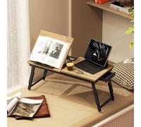 Homcom Soporte De Monitor Inclinable Y Ajustable En Altura Con Cajón Lateral, Soporte Plegable Para Pc En Bambú Y Mdf Champán