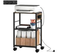 HOMCOM Soporte Impresora 3 Niveles Ruedas 42x28x64,5cm Rústico | Organizador de escritorio de acero con tomas, mesa, soporte y carrito, para fax y escáner.