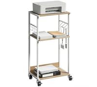 HOMCOM Soporte para Impresora de 3 Niveles con Ruedas, Mueble para Impresora con Ganchos y Marco Metálico, Estantería Multiusos para Oficina, Casa, Escuela, Madera Natural