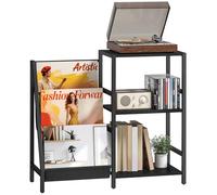 HOMCOM Soporte para Tocadiscos, Mesa Auxiliar de 3 Niveles con Almacenamiento de Discos de Vinilo, Mesa Auxiliar con 3 revisteros de Tela Oxford para Sala de Estar, Dormitorio, Efecto Madera Negra