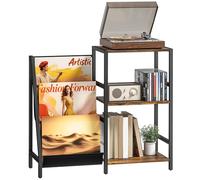 HOMCOM Soporte para Tocadiscos, Mesa Auxiliar de 3 Niveles con Almacenamiento de Discos de Vinilo, Mesa Auxiliar con 3 revisteros de Tela Oxford para Sala de Estar, Dormitorio, marrón rústico