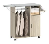 HOMCOM Tabla de Planchar Plegable con Ruedas con Freno y Soporte para Plancha, Mueble de Planchado Multiuso con Barra para Colgar Ropa, estantes Ajustables, para lavandería, baño, 127 x 42,5 x 99 cm,