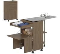 HOMCOM Tabla de planchar plegable con ruedas y soporte para plancha, mueble de planchar multiusos con estantes, compartimento abierto, para lavandería, baño, 154x55x87 cm, Marrón
