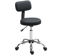 HOMCOM Taburete con Ruedas Giratorio, Taburete de Trabajo con Respaldo Desmontable, Altura Regulable, Tapizado en Cuero Sintético, para Oficina, Dormitorio, Negro