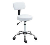 Homcom taburete con ruedas giratorio, taburete de trabajo con respaldo desmontable, altura regulable, tapizado en cuero sintético, para oficina, dormitorio, blanco