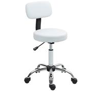 HOMCOM Taburete con Ruedas Giratorio, Taburete de Trabajo con Respaldo Desmontable, Altura Regulable, Tapizado en Cuero Sintético, para Oficina, Dormitorio, Blanco