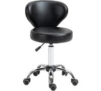 HOMCOM Taburete con ruedas taburete de masaje - taburete de trabajo giratorio 360° - asiento ajustable 49-64Al cm, respaldo ergonómico - metal cromado revestimiento sintético negro