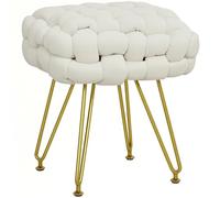 HOMCOM Taburete Cuadrado para pies, otomano Tejido con Patas de Metal, Taburete Acolchado para Maquillaje, Asiento de tocador de Terciopelo para Dormitorio, Color Blanco Crema