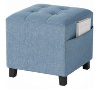 HOMCOM Taburete cuadrado pequeño otomano con bolsillo lateral, reposapiés de tela de aspecto de lino con patas de madera de goma y asiento acolchado para sala de estar, dormitorio, entrada, 35 x 35 x