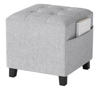 HOMCOM Taburete cuadrado pequeño otomano con bolsillo lateral, reposapiés de tela de lino con patas de madera de goma y asiento acolchado para sala de estar, dormitorio, entrada, 35 x 35 x 35 cm, gris