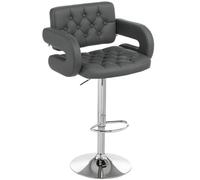 HOMCOM Taburete de Barra Ajustable en Altura con Asiento Suave Gris | Taburete de cocina PU alto, con respaldo, reposapiés, apoyabrazos, estructura de acero, giro 360°, para isla