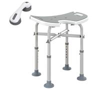 HOMCOM Taburete de Ducha de Altura Ajustable con Barra de Ventosa, Silla de Ducha de Aluminio con Asiento Acolchado en Forma de U, Taburete de baño Antideslizante para Ancianos, discapacitados