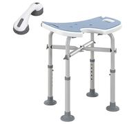 HOMCOM Taburete de Ducha de Altura Ajustable con Barra de Ventosa, Silla de Ducha de Aluminio con Asiento Acolchado en Forma de U, Taburete de baño Antideslizante para Ancianos, discapacitados