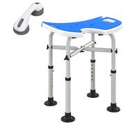 HOMCOM Taburete de Ducha de Altura Ajustable con Barra de Ventosa, Silla de Ducha de Aluminio con Asiento Acolchado en Forma de U, Taburete de baño Antideslizante para Ancianos, discapacitados