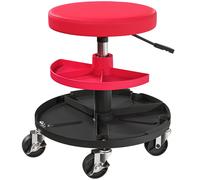 HOMCOM Taburete de Taller Giratorio con Ruedas Altura Ajustable de 40-51 cm y 2 Bandejas Carga 135 kg para Garaje Rojo