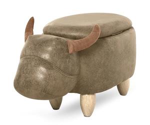HOMCOM - Taburete de vaca - Puf Vachette - Puf Tauro Baúl de almacenamiento 2 en 1 - Patas de madera de caucho, revestimiento sintético, aspecto de ante envejecido, color marrón