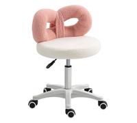 HOMCOM Taburete Giratorio con Respaldo Taburete con Ruedas Altura Regulable 63-77 cm Tapizado en Tejido de Borreguito para Salones Talleres SPA Masaje Blanco y Rosa