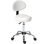 HOMCOM Taburete Giratorio con Ruedas y Respaldo Extraíble, Taburete de Trabajo con Altura Regulable 83-98 cm, Asiento Tapizado de Cuero Sintético, Blanco