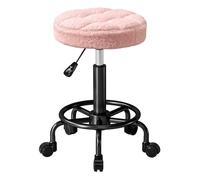 HOMCOM Taburete Giratorio Redondo Taburete con Ruedas Altura Regulable 50-66 cm Asiento Tapizado en Tejido de Borreguito para Salones Talleres SPA Masaje Rosa