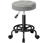 HOMCOM Taburete Giratorio Redondo Taburete con Ruedas Altura Regulable 50-66 cm Asiento Tapizado en Tejido de Borreguito para Salones Talleres SPA Masaje Gris