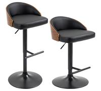 HOMCOM Taburetes de Bar 2 Unidades, Barstool Acolchado de Acero y Madera Maciza, Taburetes de Cocina Ajustables con Reposapiés, Giratorio 360°, Taburete Alto para Cocina, Sala de Estar, Comedor, Negro
