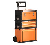 HOMCOM Tallar Móvil Apilable 3 en 1 con Ruedas Naranja y Negro | Caja de Herramientas, Carro de Herramientas de Acero, con Bandeja, Mango Telescópico