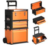 HOMCOM Tallar Móvil Apilable 3 en 1 con Ruedas Naranja y Negro | Caja de Herramientas, Carro de Herramientas de Acero, con Bandeja, Mango Telescópico