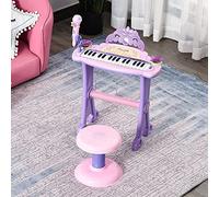 HOMCOM Teclado Electrónico Infantil 32 Teclas Juguete Musical Piano Infantil Piano para Niños con Micrófono Taburete Luces Variedad Sonidos Rítmos Melodias MP3 Karaoke Modo de Enseñanza Rosa