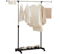 HOMCOM Tendedero Extensible con Ruedas, Tendedero de Ropa con Barra de Acero Inoxidable y Estante para Zapatos, Altura Ajustable, para Interior, Negro y Plata