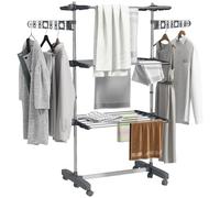 HOMCOM Tendedero Plegable de 3 Niveles, Acero Inoxidable, con Ruedas y alas, para Interior y Exterior, fácil Montaje, 142 x 55 x 152 cm, Color Gris