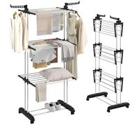 HOMCOM Tendedero Plegable para Ropa con Ruedas 125x64x172cm Negro y Blanco | Tendedero Vertical de Acero, Tipo Torre de 3 Niveles, Alas Plegables, Colgadores Giratorios, Carga 70 kg