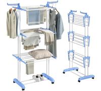 HOMCOM Tendedero Plegable para Ropa con Ruedas 73x64x172 cm Azul y Blanco